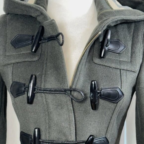 Burberry Brit Wool Toggle Duffle Coat Hood US2/XS Pine Green Nova Check Gold Zip - Picture 13 of 16